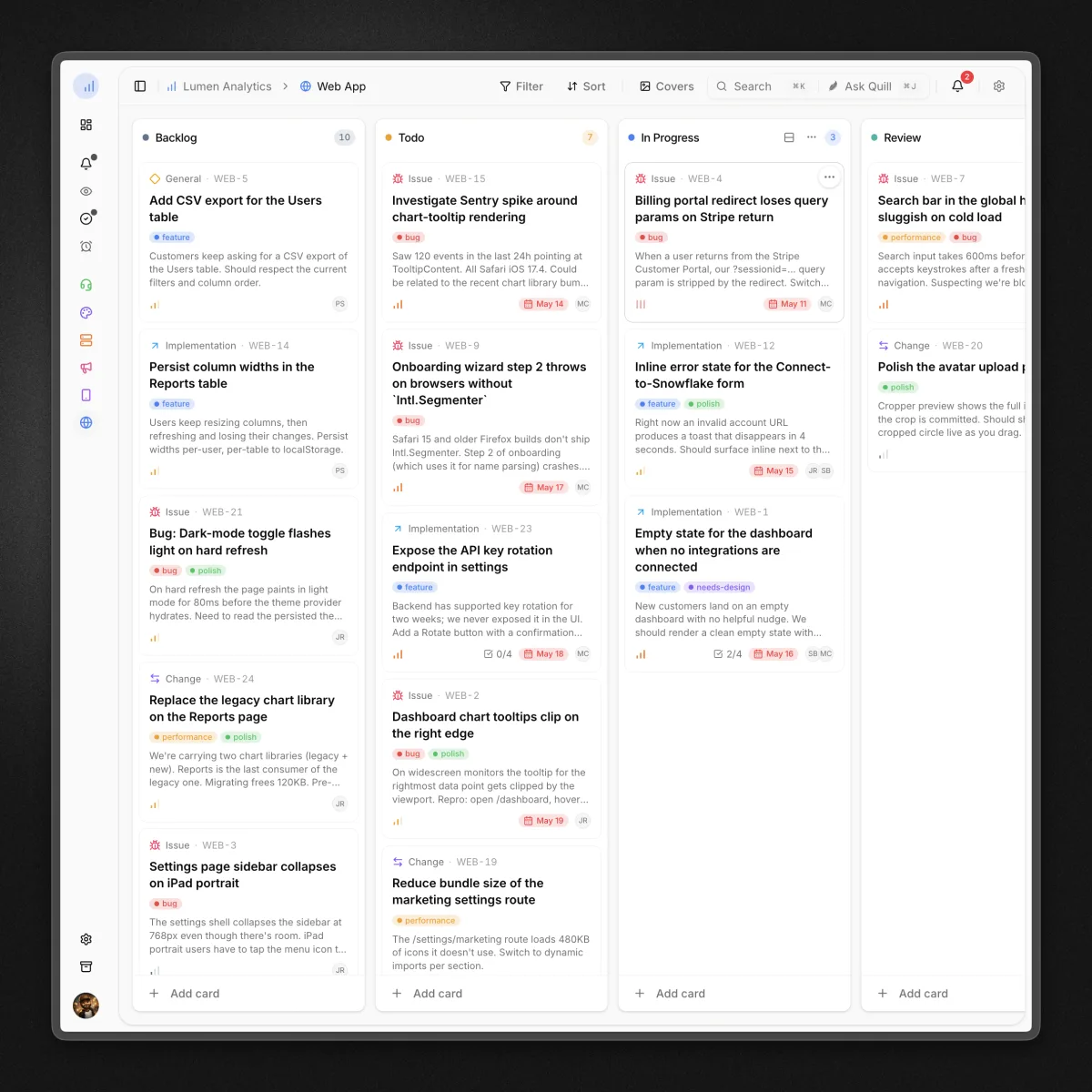 The Hey Quill kanban board, where every card is a structured brief an agent can pick up