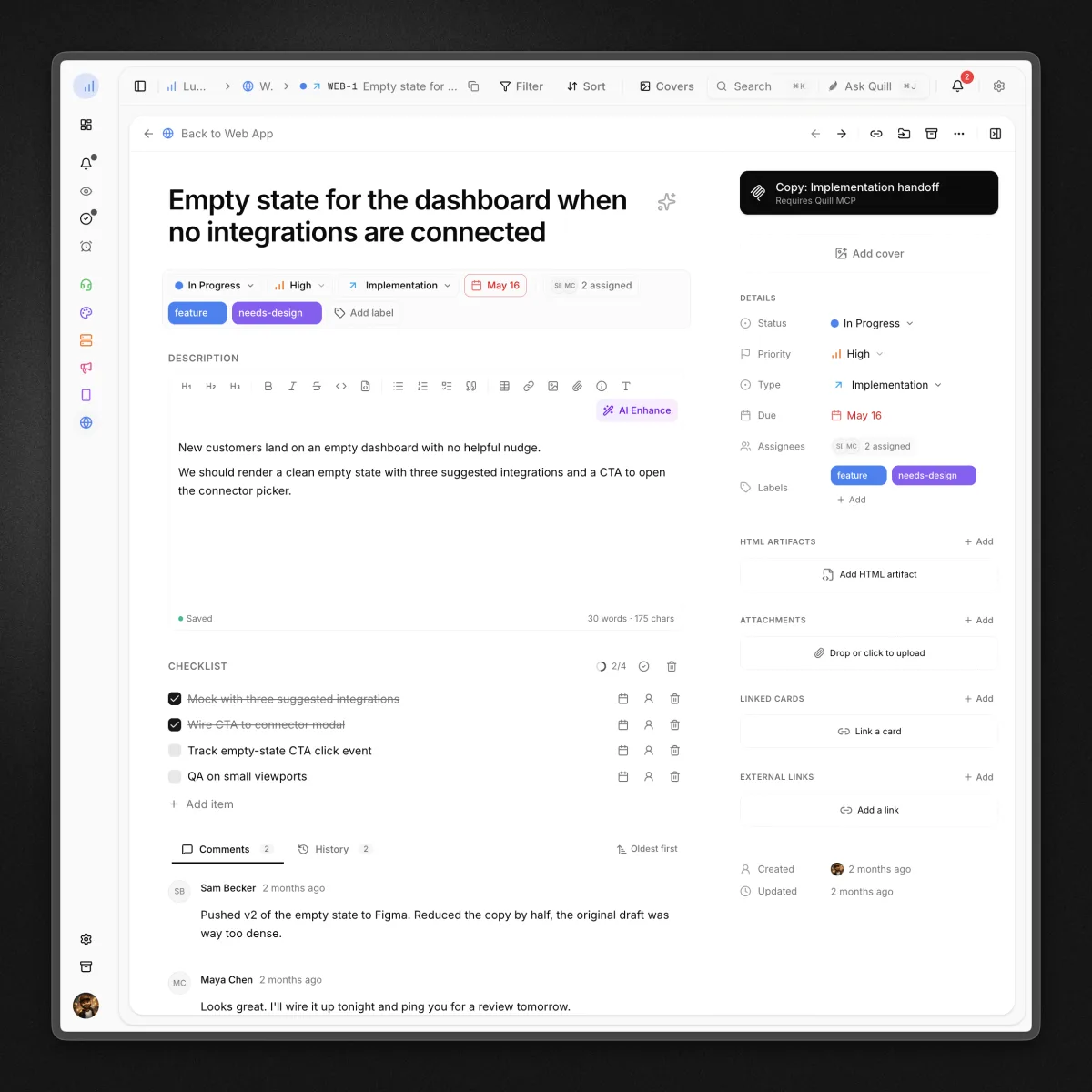 The Quill Agent working a card with full workspace context and citing its sources