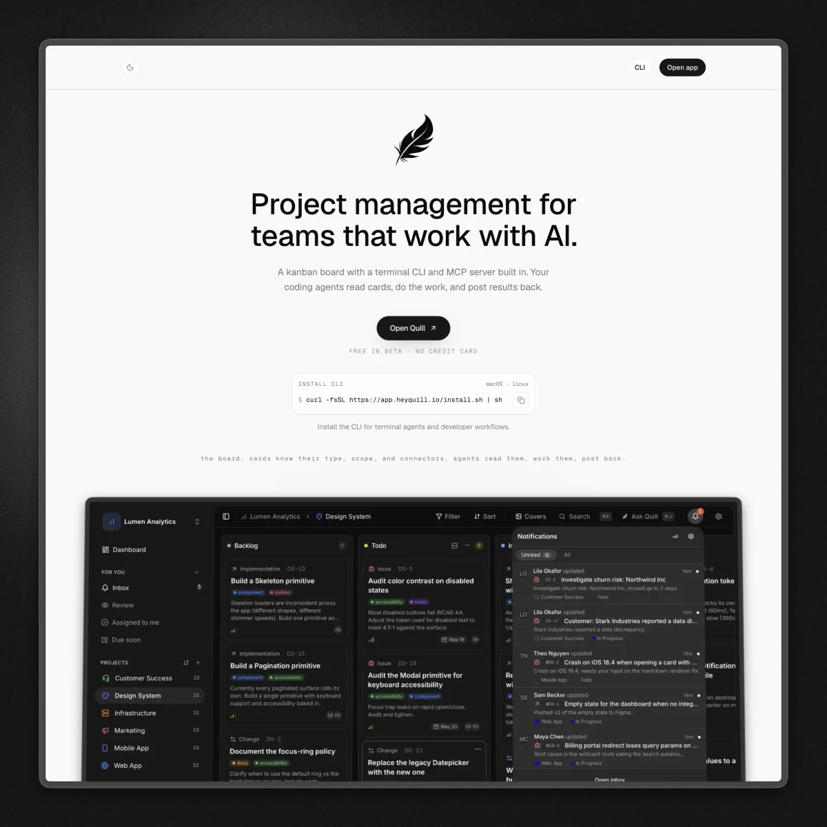 Hey Quill marketing site: project management for people and AI agents