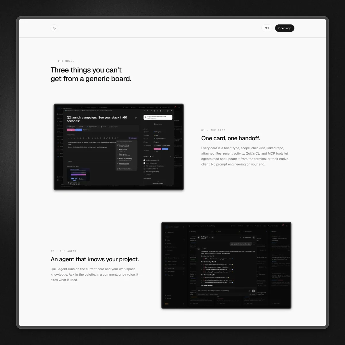 Hey Quill marketing site explaining cards as machine-readable agent briefs